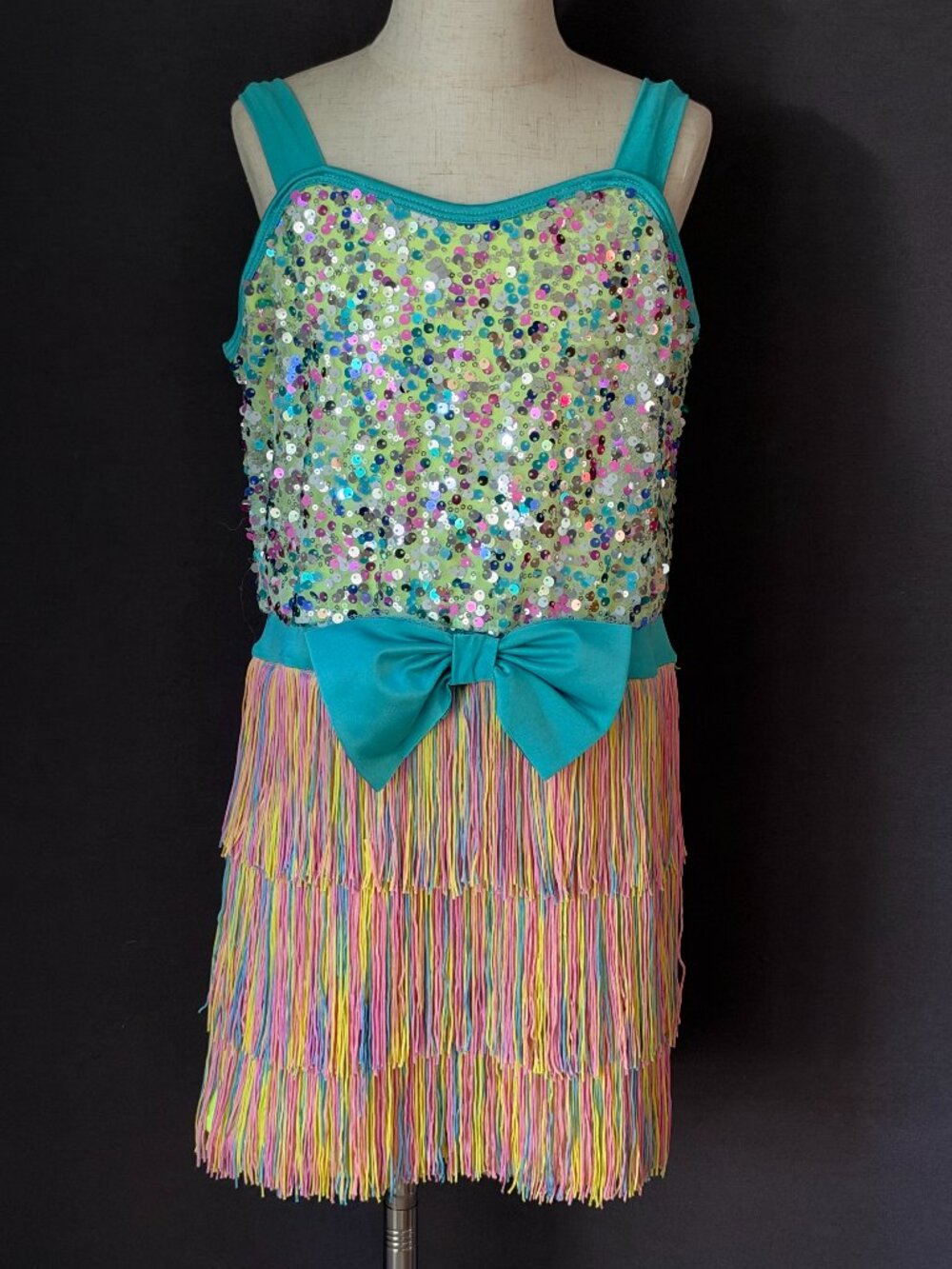 Curtain Call Happy Go Lucky Teal Neon Yellow Sequin Fringe Leotard Jazz Tap CXL